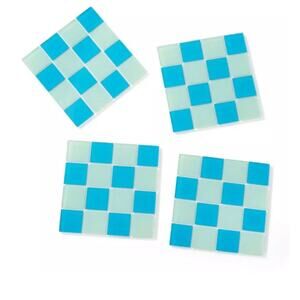 Bullseye’s Playground Square Drink Coasters (4) Count Blue Checkered Mosaic